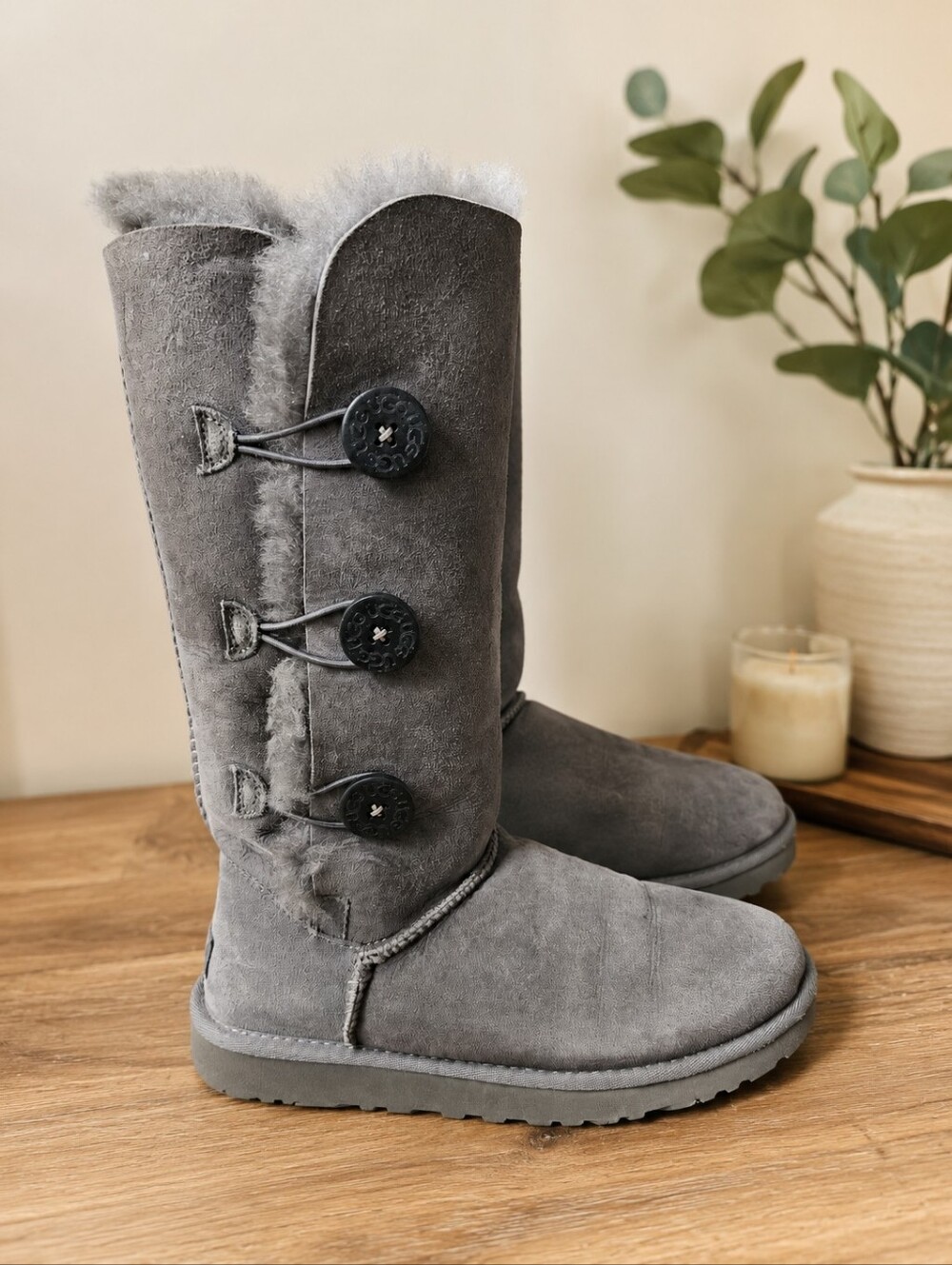 UGG Australia Bailey Button Triplet Boots – Gray Sheepskin Tall Boots with COA